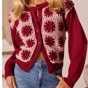 Vici pink red knit sweater Low Skies Contrast Crochet Cardigan size medium new